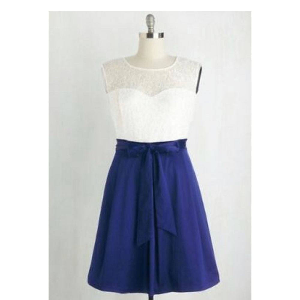 ModCloth white lace and blue satin dress